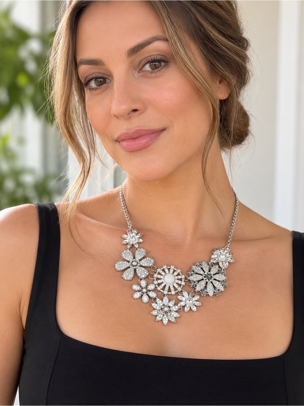 Silver Tone Floral Statement Necklace Rhinestone Crystal Flower Bib Necklace